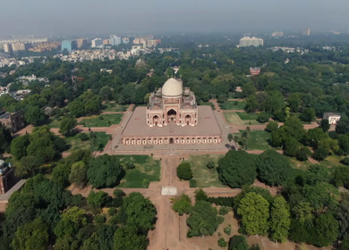 An aerial shot of the Humayuns Tomb at New Delhi in India