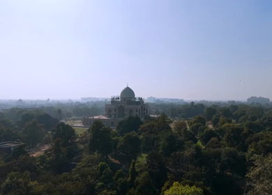 An aerial shot of Humayun's Tomb at New Delhi in India