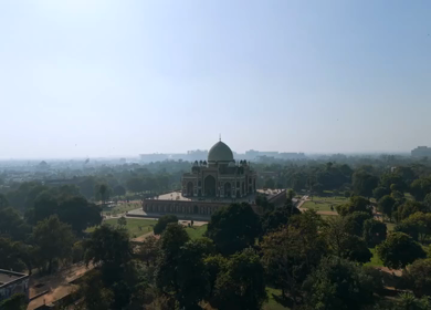 An aerial shot of Humayun's Tomb at New Delhi in India