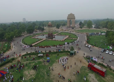 An aerial drone shot of India Gate in New Delhi, India