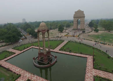 An aerial drone shot of India Gate in New Delhi, India