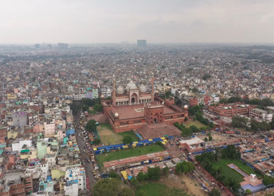 An aerial shot of Jama Masjid, Chandni Chowk in New Delhi, India