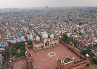 An aerial shot of Jama Masjid, Chandni Chowk in New Delhi, India