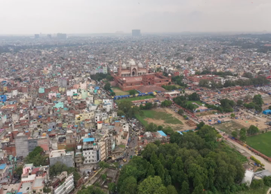 An aerial shot of Jama Masjid, Chandni Chowk in New Delhi, India