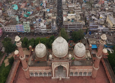 An aerial shot of the top of Jama Masjid,Chandni Chowk in New Delhi, India