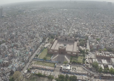 An aerial shot of Jama Masjid, Chandni Chowk during the COVID-19 