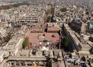 An aerial shot of Jama Masjid with people praying namaz in New Delhi,India