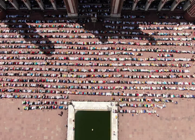 An aerial shot of Jama Masjid with people praying namaz in New Delhi,India