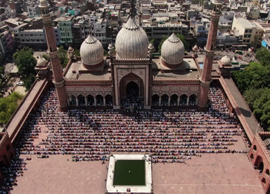 An aerial shot of Jama Masjid with people praying namaz in New Delhi,India