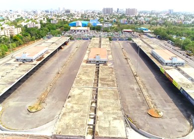 An aerial shot of Koyambedu Bus Stand during the COVID-19 lockdown in Chennai, India
