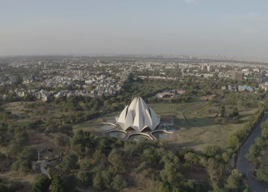 An aerial shot of the Lotus Temple during COVID-19 Lockdown in New Delhi, India