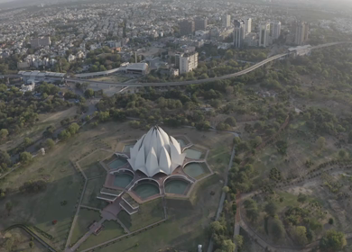 An aerial shot of the Lotus Temple during COVID-19 Lockdown in New Delhi, India