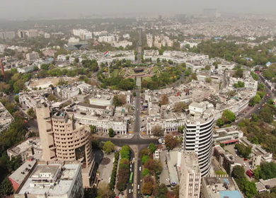 An aerial shot of the busy street at Connaught Place in New Delhi, India