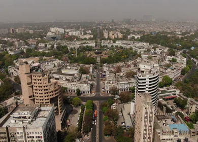 An aerial shot of the busy street at Connaught Place in New Delhi, India