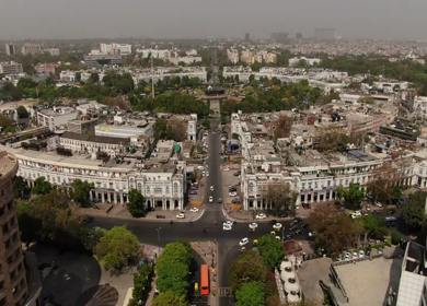 An aerial shot of the busy street at Connaught Place in New Delhi, India
