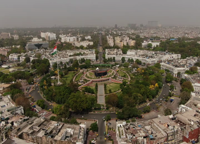 An aerial shot of the busy street at Connaught Place in New Delhi, India