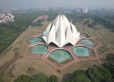 Aerial Drone shot of Lotus Temple a Buddhist temple pagoda 