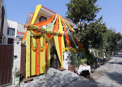 New Delhi,NCR,India-9th February,2019: A steady cam Shot of an Indian bungalow decorated for an Indian Wedding in New Delhi,India