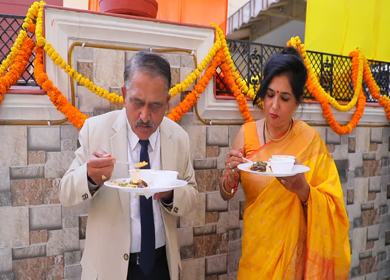 New Delhi,NCR,India-9th February,2019: Shot of an Indian Couple having food\lunch before leaving for Big Fat Indian Wedding baraat in New Delhi,India