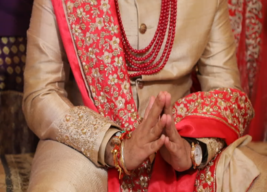 New Delhi,NCR,India-9th February,2019: A tilt up shot of an Indian Groom doing prayer while his pre-wedding ceremonies in New Delhi,India