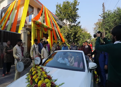 New Delhi,NCR,India-9th February,2019: Baraat Leaving in a luxury car of a Big Fat Indian Wedding in New Delhi,India