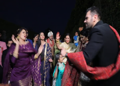 New Delhi,NCR,India-9th February,2019: Shot of relatives dancing in Big Fat Indian Wedding baraat in New Delhi,India