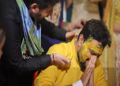 New Delhi,NCR,India-7th February,2019: Shot of an Indian groom being teased at his haldi function in New Delhi, India