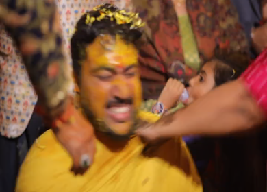 New Delhi,NCR,India-7th February,2019: Shot of an Indian groom being teased at his haldi function in New Delhi, India
