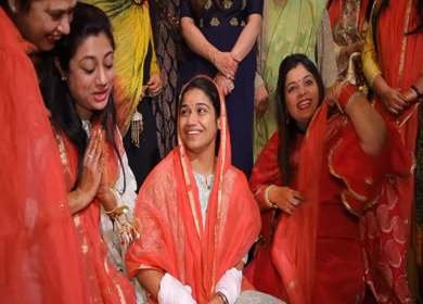New Delhi,NCR,India-9th February,2019: Indian Bride sisters teasing her at her chura function or pre-wedding ceremonies in New Delhi,India