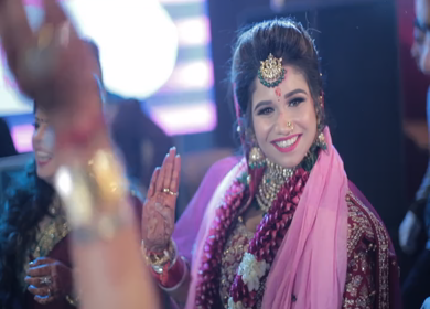 New Delhi,NCR,India-9th February,2019: A Slow motion shot of an Indian Bride dancing at her wedding venue along with her sisters in New Delhi,India