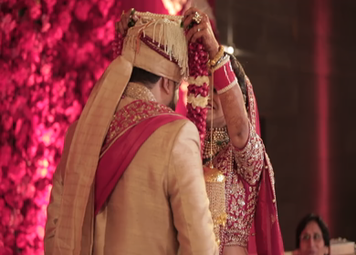 New Delhi,NCR,India-9th February,2019: A Slow motion shot of an Indian Bride putting jaimala to Indian groom at their Indian wedding in New Delhi,India