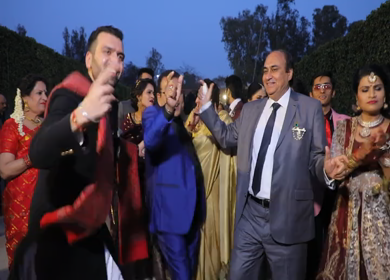 New Delhi,NCR,India-9th February,2019: Shot of relatives dancing in Big Fat Indian Wedding baraat in New Delhi,India
