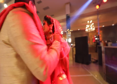 New Delhi,NCR,India-9th February,2019: Shot of a Indian Groom and Bride dancing at the dance floor at their Indian wedding in New Delhi,India