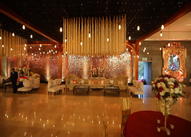 New Delhi,NCR,India-9th February,2019: A steady cam shot of a traditional floral decore and entire setup at a Big Fat Indian wedding function in New Delhi, India