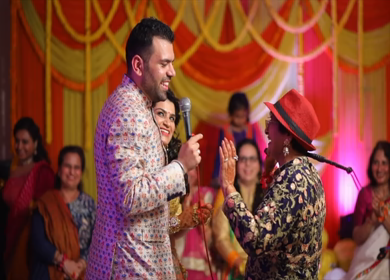 New Delhi,NCR,India-7th February,2019: A Slow motion shot of Indian son dancing with his mom and relatives at a Big Fat Indian Wedding mehendi function in New Delhi,India