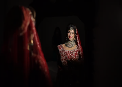 Shot of a beautiful Indian Bride seeing herself in the mirror and checking her final look