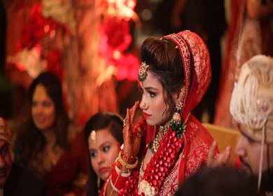 New Delhi,NCR,India-9th February,2019: Shot of an Indian Bride and Indian Groom doing Puja,traditions at their Indian wedding in New Delhi, India