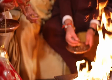 Slow Motion shot of Fire,Agni havan kund,Indian Havan Kund, rituals of hindus yagya at an Indian Wedding Function in New Delhi,India