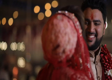 New Delhi,NCR,India-9th February,2019: Shot of a Indian Groom and Bride smiling and looking at each other for posing in camera at their Indian wedding in New Delhi,India