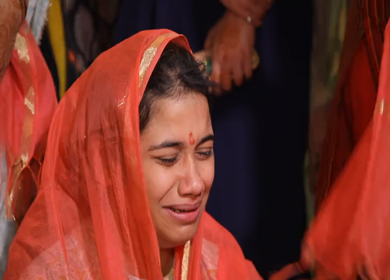 New Delhi,NCR,India-9th February,2019: An Indian Bride crying or getting emotional at her chura function or pre-wedding ceremonies in New Delhi,India
