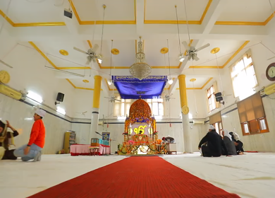 Gurudwara,Pitampura,New Delhi,NCR,India-4th February,2019: A Track in shot of the view of Darbar Sahib or Prayer Hall at a gurudwara in New Delhi,India