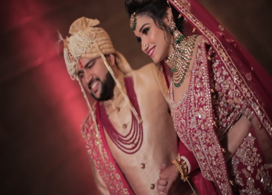 New Delhi,NCR,India-9th February,2019: A Slow motion shot of a Indian Groom and Indian Bride posing towards camera at their Indian wedding in New Delhi,India