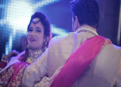 New Delhi,NCR,India-9th February,2019: Slow Motion shot of an Indian Groom and Bride dancing at the dance floor at their Indian wedding in New Delhi,India