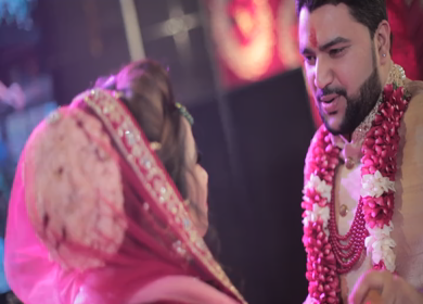 New Delhi,NCR,India-9th February,2019: A Slow Motion Close Up Shot of a Indian Groom and Bride dancing at their Indian wedding in New Delhi,India
