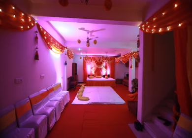 New Delhi,NCR,India-7th February,2019: A Steady cam track in shot of traditional floral decorated place for a Big Fat Indian wedding mehendi function in New Delhi, India