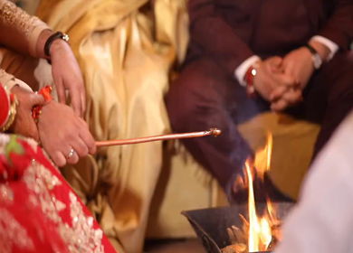 9th February, 2019: A shot of the bride fullfilling all the rituals at her wedding in New Delhi, India