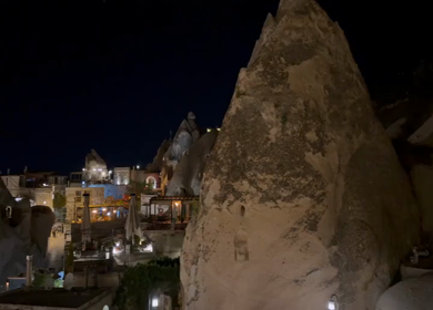 Night Panorama of Goreme Town Illuminated in Cappadocia Turkey