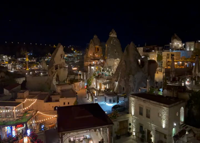 Night Panorama of Goreme Town Illuminated in Cappadocia Turkey