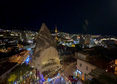 Night Panorama of Goreme Town Illuminated in Cappadocia Turkey