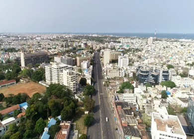 An aerial shot of an empty street of Chennai during the COVID-19 lockdown in India